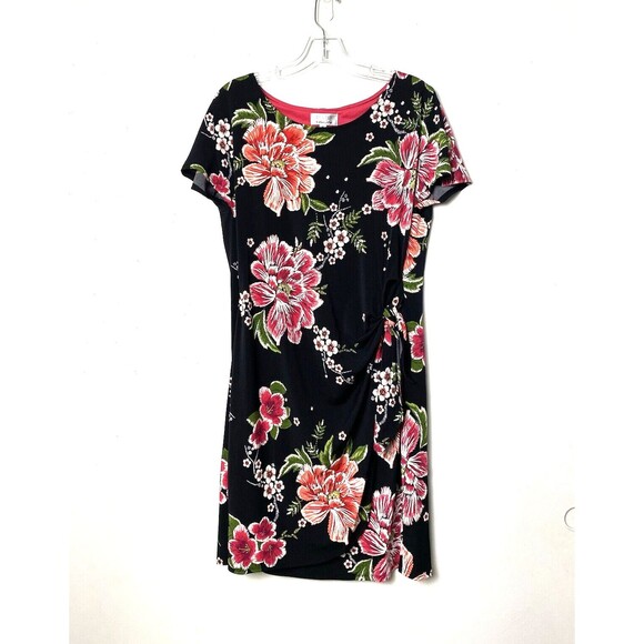Signature by Robbie Bee Dress Women's Size M Black Floral Office Bow Tie Waist - Picture 1 of 14